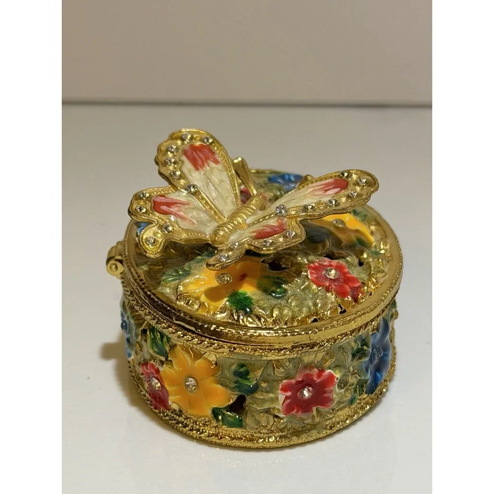 Butterfly & Flowers Trinket Box Gold Jewely Small Magnetic Closure
